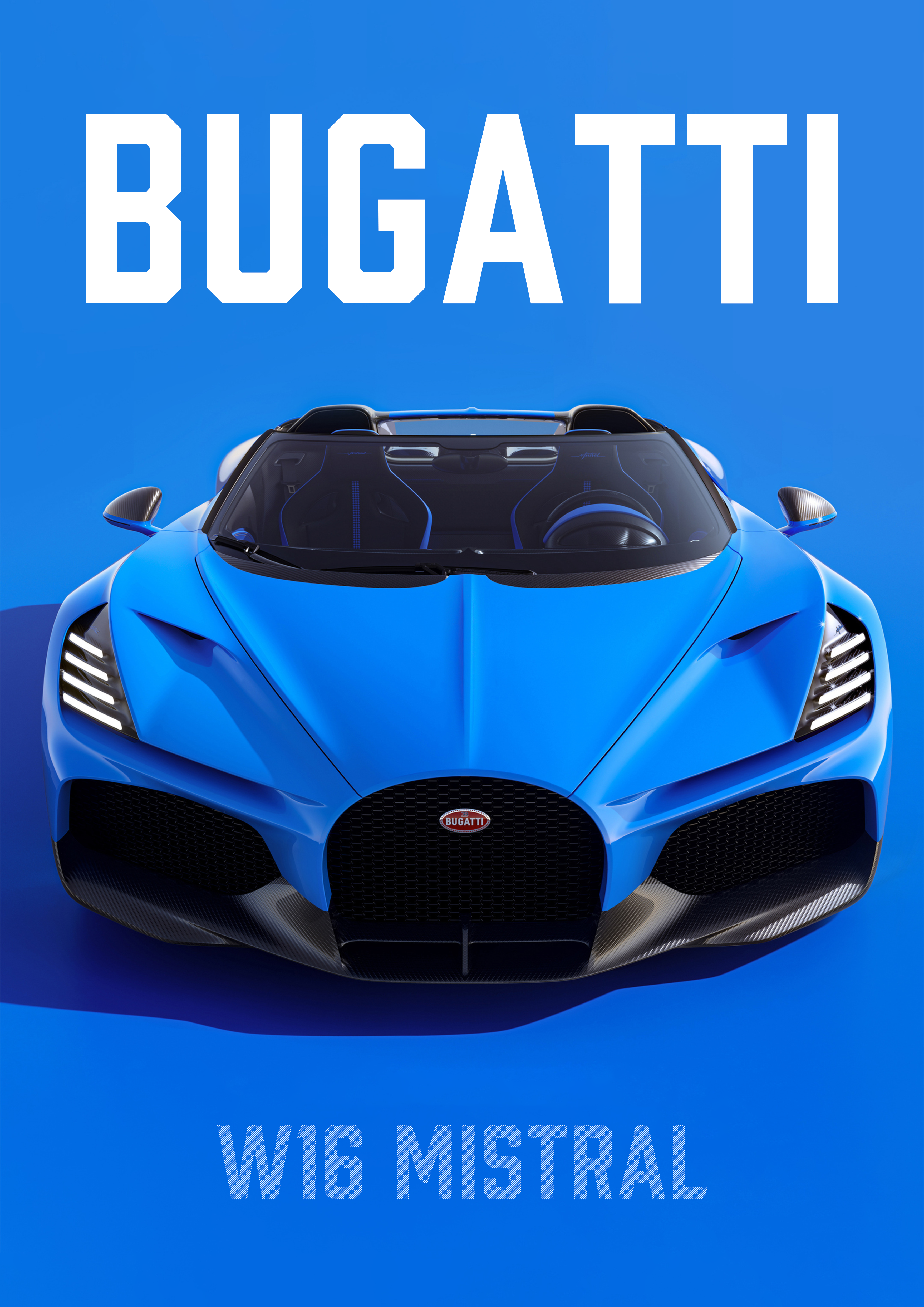 Bugatti W16 Mistral Roadster | Ultimate Blue Hypercar Modern Wall Art |  Premium Matte & Metal Poster by Steckefy