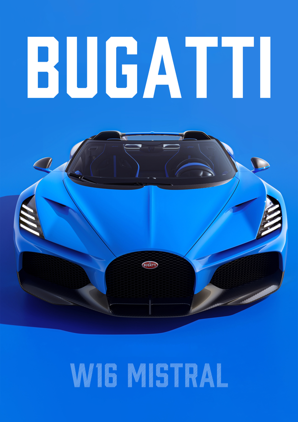 Bugatti W16 Mistral Roadster | Ultimate Blue Hypercar Modern Wall Art |  Premium Matte & Metal Poster by Steckefy