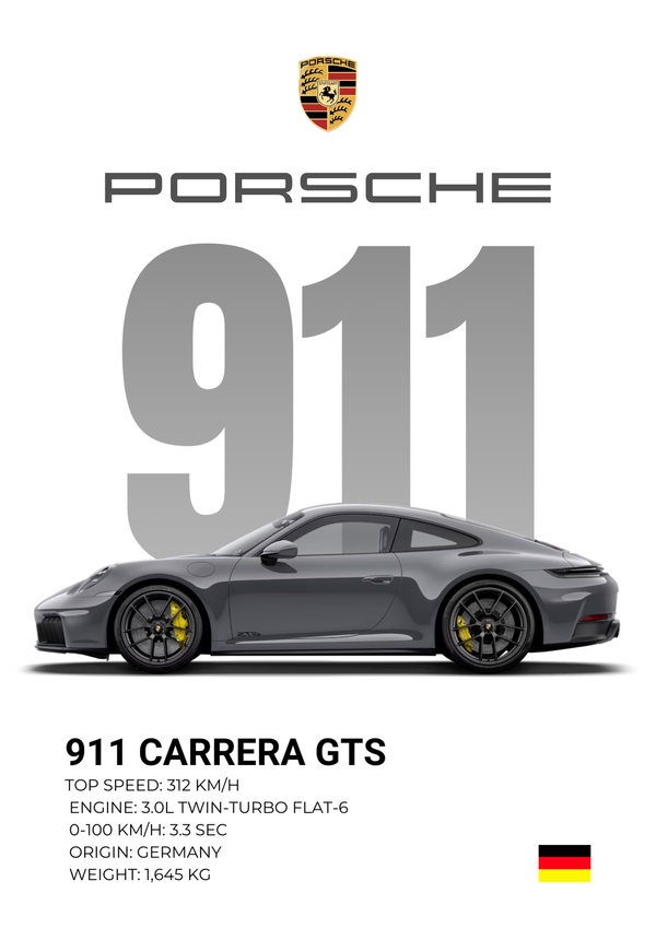 Porsche 911 Carrera GTS | Modern German Minimalism Slate Grey Wall Art | Premium Matte & Metal Poster by Steckefy