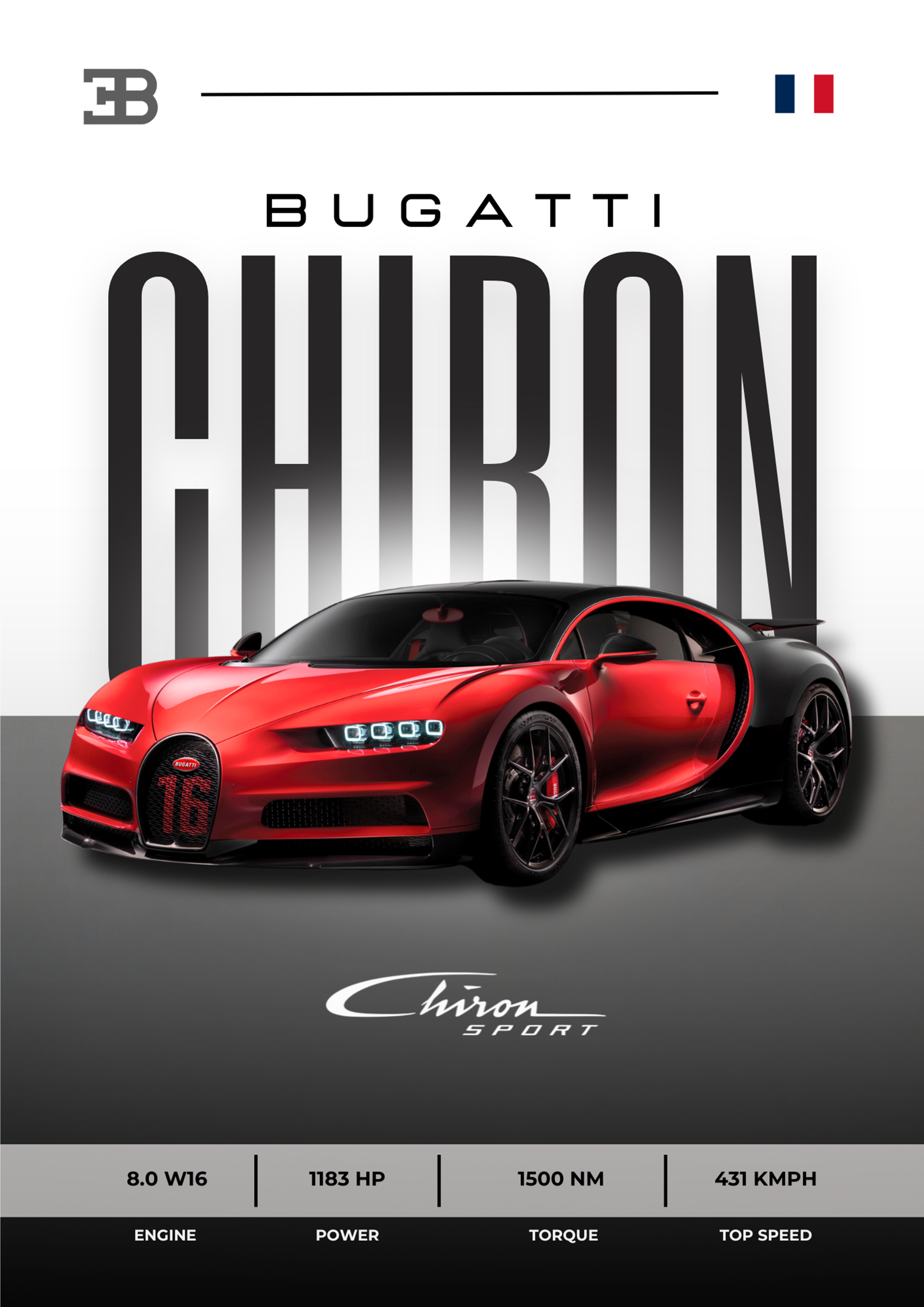 Bugatti Chiron Sport | 1183 HP Hypercar Red & Black Split Tone Wall Art | Premium Matte & Metal Poster by Steckefy