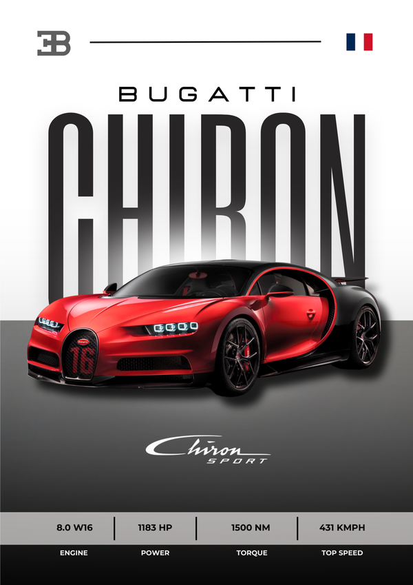 Bugatti Chiron Sport | 1183 HP Hypercar Red & Black Split Tone Wall Art | Premium Matte & Metal Poster by Steckefy