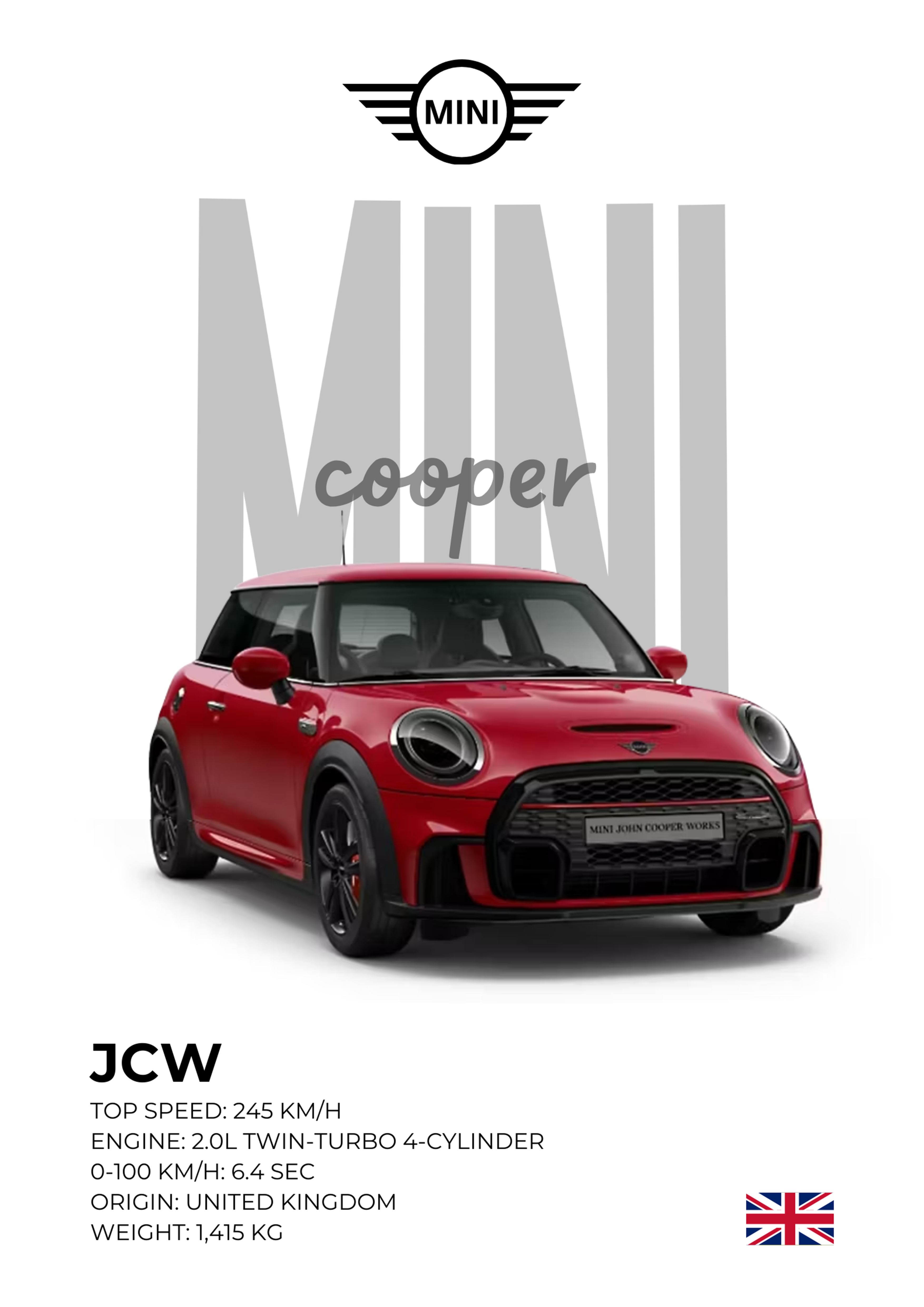 Mini Cooper JCW Racing Red | British Hot Hatch Sport Wall Art | Premium Matte & Metal Poster by Steckefy