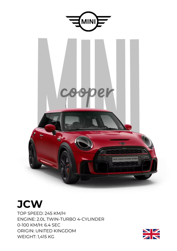 Mini Cooper JCW Racing Red | British Hot Hatch Sport Wall Art | Premium Matte & Metal Poster by Steckefy