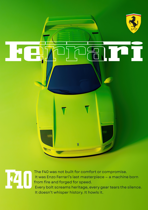 Ferrari F40 Enzo Ferrari Masterpiece | Neon Pop Art Supercar Wall Art | Premium Matte & Metal Poster by Steckefy