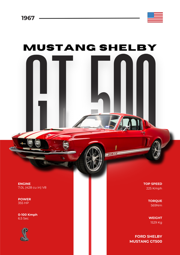 Ford Shelby Mustang GT500 1967 | Red & White Racing Stripes Muscle Car Poster – Premium Matte & Metal Poster by Steckefy