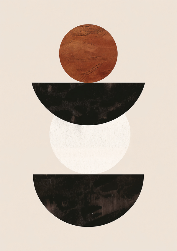 Boho Equilibrium Stacked Geometric Shapes | Terracotta and Black Abstract Art | Premium Matte & Metal Poster by Steckefy